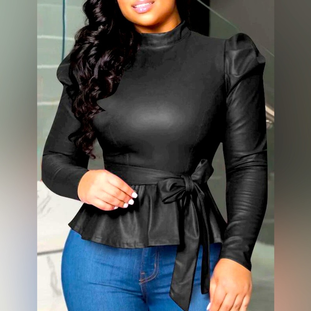 Women’s Leather Top: Gigot Sleeve Self Belted Peplum Top Black